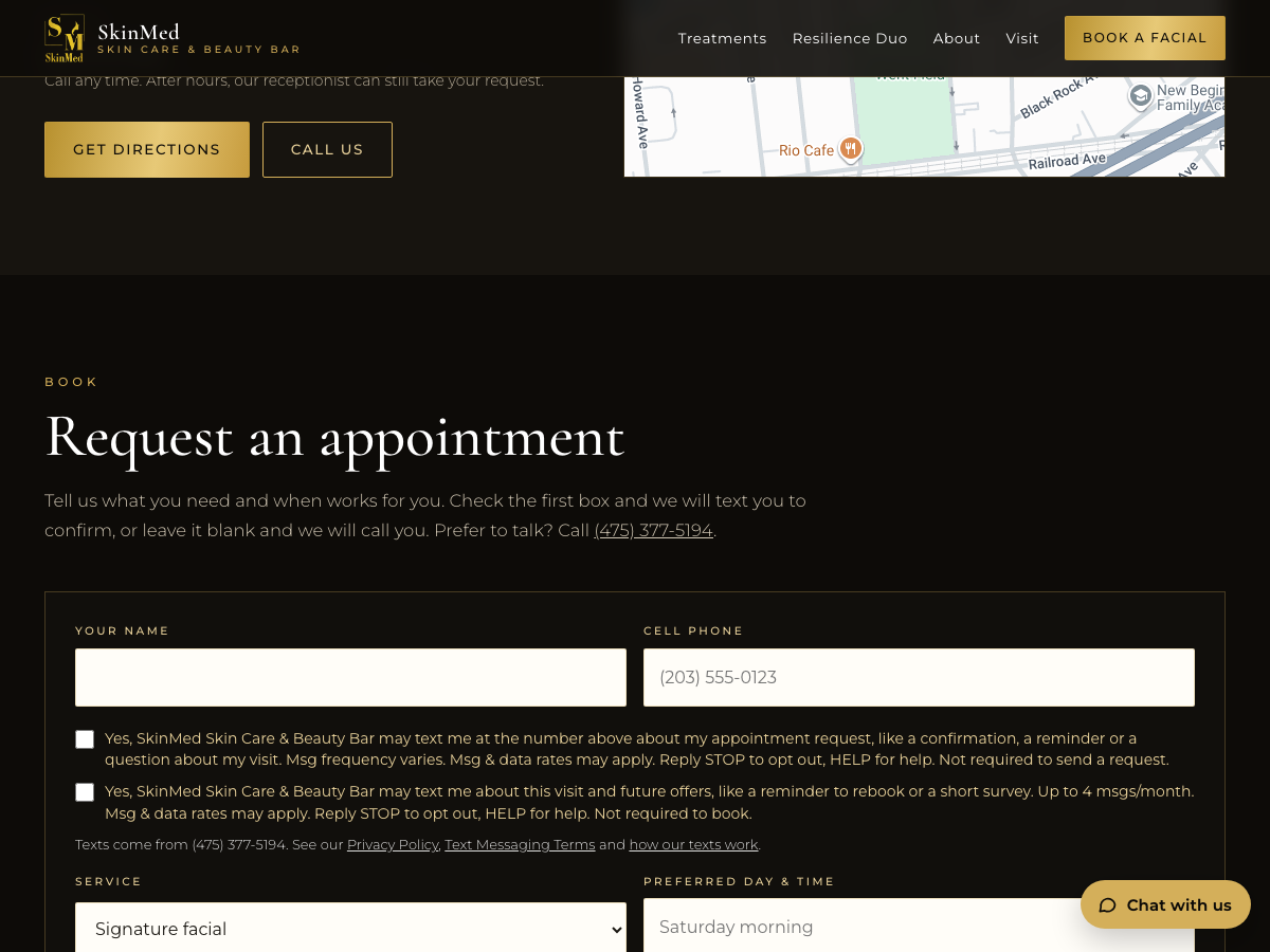 The request form with the text message consent box, shown unchecked